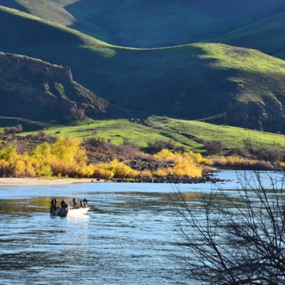 Driving up the Snake Revere from Asotin, I first saw this guide boat and fishermen in a beautiful setting of fall colors and light and shadow on the hill sides. It was a great day for photography with  light causing the colors to explode. I have made this trip up this canyon and beyond many times, but the light and shadows was so profound that I failed to use my polarizer, but it was still a great day to see it all through a lens. 
11/24/2021  By Jerry Cunnington