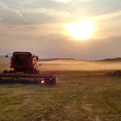 Taken on Monday morning August 4 just south of Colton. Dust hanging from driving the dirt road into the field where the combine was parked for the night and smokey haze in the sky from area fires made for beautiful scene.
    Art Schultheis