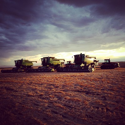 A day of harvest comes to a close as storm clouds move in at Vestal Farms in Genesee, Idaho. August, 2015. Photo by Chris Moser