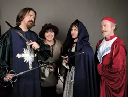 Players in the Three Musketeers production by the Lewiston Civic Theater include Matthew DeBerard as Athos, Kayla Comer as Sabine, Rebecca Hardin as Milady and Paul Segren as Cardinal Richelieu. - TRIBUNE/BARRY KOUGH