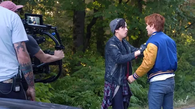 Cole Sprouse and K.J. Apa on the set of the CW’s TV show “Riverdale” in a photo from Facebook. “Riverdale” is filmed in Vancouver, British Columbia, Canada. Border closures are putting production on hold for many projects in the TV and film industry.