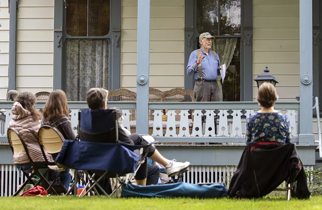 Steve Talbott talkes about homesteading during a meeting of the Lula's Library book group on Wednesday, Sept. 23, outside McConnell Mansion in Moscow. The group is reading "Four Girls On A Homestead," by Carol Ryrie Brink. Geoff Crimmin/Moscow-Pullman Daily News - GEOFF CRIMMINS/DAILY NEWS