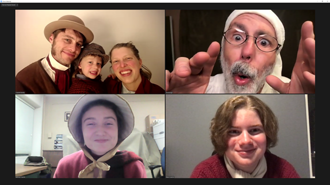 (clockwise from top) Daniel Haley (Bob Cratchit), Cordelia Haley (Tiny Tim), Rebecca Haley (Mrs. Cratchit), David Lee-Painter (Ebenezer Scrooge), Nicholas Hansen (Peter Cratchit), and Kalyssa Montoya (Belinda Cratchit). Photos by David Harlan