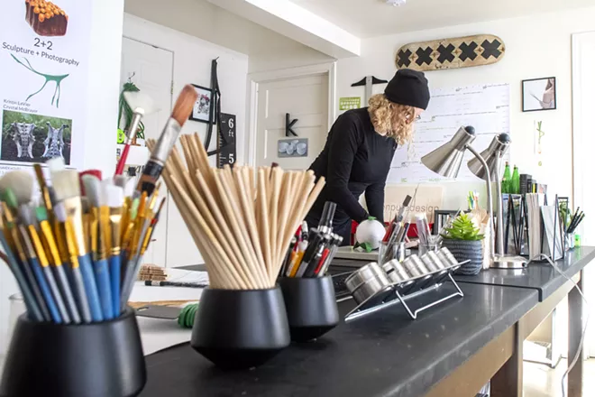 Artist Kristin LeVier works on a project in her basement studio on Wednesday afternoon, Feb. 17, 2021. - ZACH WILKINSON