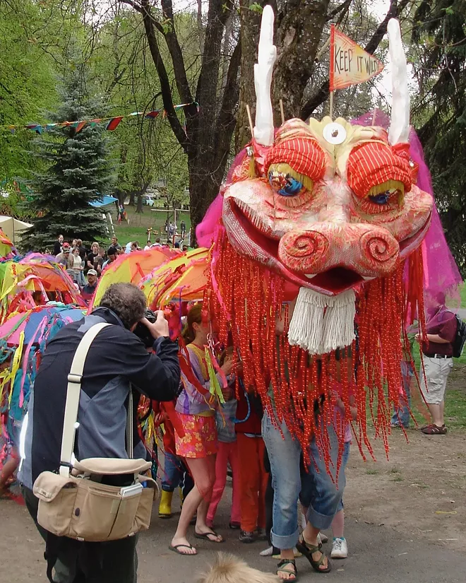 A photo of Wild Thang on parade. Lawrence believes the dragon is likely one of the most photographed things in Moscow.