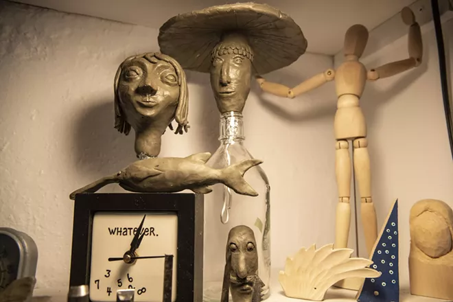 Concept art made from plasticine sits in a corner of Holbert’s studio. Holbert said that she likes to use the “adult Play-Doh” prior to hand-carving a new piece to help her visualize the final product. - ZACH WILKINSON / INLAND 360