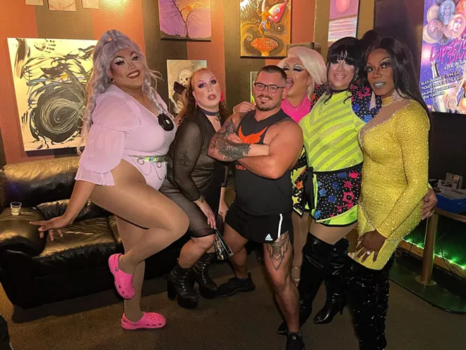 Divas stand with Jerid Lisher-Weinberg, the owner/manager of the production company Lipstick Divas, that will be performing Saturday in Lewiston. - PHOTOS COURTESY LIPSTICK DIVAS
