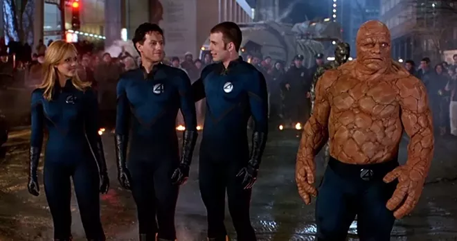 This photo from the 2005 "Fantastic Four" film shows the cast (from left) Sue Storm (Jessica Alba), Reed Richards (Ioan Gruffudd), Johnny Storm (Chris Evans) and Ben Grimm (Michael Chiklis). - PHOTO FROM IMDB