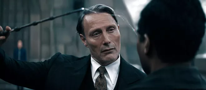 This image released by Warner Bros. Pictures shows Mads Mikkelsen in a scene from "Fantastic Beasts: The Secrets of Dumbledore." (Warner Bros. Pictures via AP)
