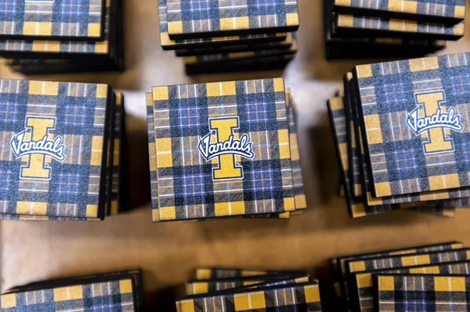 The University of Idaho’s official Vandal tartan is seen on coasters at the VandalStore in Moscow. Scarves and other knit goods are set to be available later this year. - ZACH WILKINSON/INLAND 360