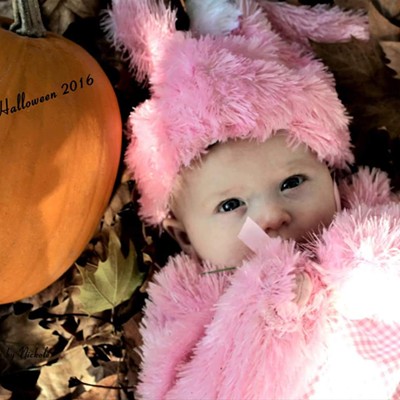 Happy pink baby bunny Elizabeth Hurt, 5 months, of Clarkston, Washington. Elizabeth is the daughter of Hannah Ostoj of Clarkston. Photo was taken Oct. 22, 2016 at Swallows&nbsp;Park in Clarkston.