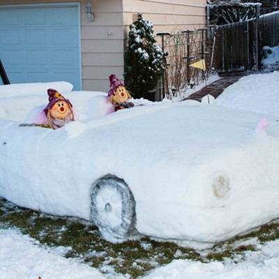A convertible sportscar built out of snow by Lynn and Leslie Little of Pullman.