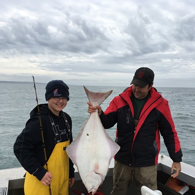 Silas Elsberry, age 12, from Lewiston, Idaho caught this 37 inch Halibut while jig fishing off of the Alaska Kenai Peninsula, in the Cook Inlet on June 23, 2016. It was a well fought hard battle with the fish stripping out the line a handful of times. Needless to say, Silas out fished his parents Russell and Terri Elsberry during their week fishing in Alaska and were glad their son was along for the trip. Also pictured is Drew Butterwick of Trophy King Lodge in Alaska. Photographer - Terri Elsberry.