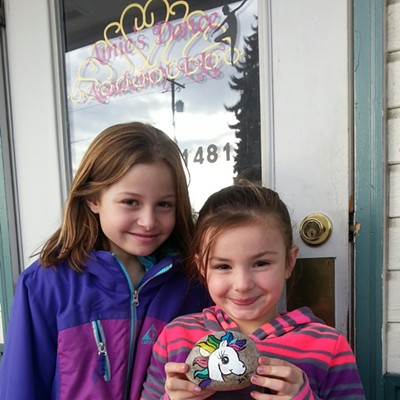Emma, 9, and Josey, 6, of Lewiston show off their first L C Valley Rocks finds of Jan. 2, 2017,&nbsp;on Bryden Avenue. They are the daughters of Matthew and Jeanette Hemphill.