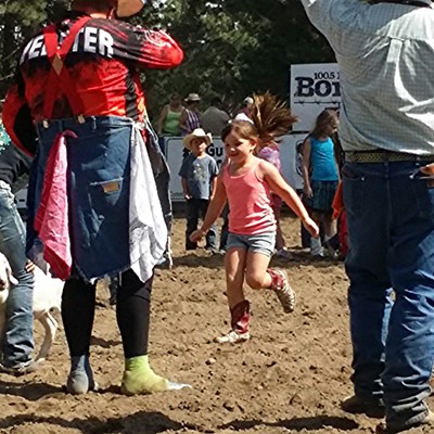 Josey, 5, daughter of Matt and Jeanette Hemphill of Lewiston competed in the Winchester Rodeo goat competition on the 4th of July. Photo by Grandpa Dan of Lewiston