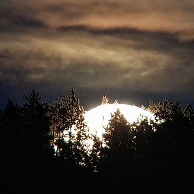 March 20, 2019 near Waha I saw this UFO landing in the trees. Moments later the Super Worm Moon rose out of the exact same spot! Photo by Ken Bonner