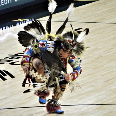A Native American dancer performs at the Tribal Nations Night during half-time at the University of Idaho Women's basketball game last Monday night on the University of Idaho campus (ICCU Arena).  2-7-22