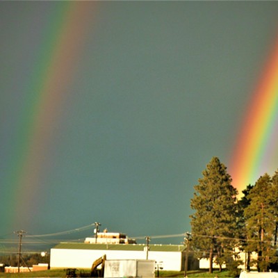 This image is the brightest section of a double rainbow that took place at Moscow, Idaho on the evening of 5-15-22.  The brightest section of the rainbow lasted for many minutes.  The outer rainbow has colors in the opposite order as the inner brighter rainbow.  This photograph was taken near the west parking lots for the Kibbie Dome.   Courtesy of Keith Gunther
