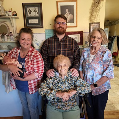 A photo of a family's five generations. New baby Norah Shea Taylor, her dad Austin Taylor, holding baby Austin's mother Karli Taylor, on the right Karli's mother Debby Dahlberg and seated is Debby's mother Helen Jonutz. Pic taken at the home if Larry & Debby Dahlberg in Lewiston Idaho.