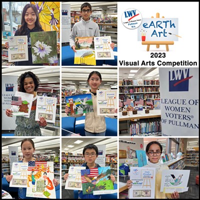 This is a collage of the winning students and their artwork inspired by the theme "eARTh Art:  Civics and the natural world are related.  How does this effect your future?"  Starting at the top left; Lydia Park, Grade 11, Eshaan Syed, Grade 6, Anekah Mcbride, Grade 9, Winnie, Grade 6, Kaitlin, Grade 4, William, Grade 3, Saja Akasha, Grade 7.
