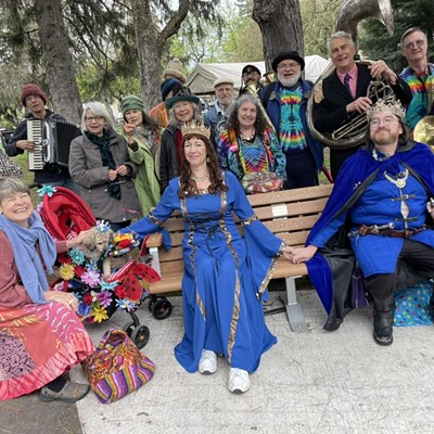 Renaissance Fair royalty (Leeanne Noble and Tom Preston), along with members of the Moscow Peace Band, dedicated this bench in Moscow's East City Park in honor of Gretchen Stewart and the late Dean Stewart. The ceremony took place May 6 at the opening of the 50th Renaissance Fair. The bench's plaque reads: "Lovers of poetry, music, trees and peace -- lighting a path to a better world."