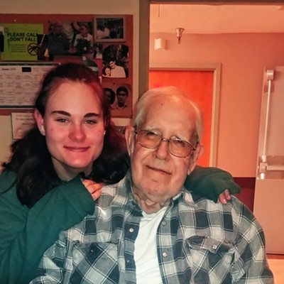 Emily Adams with her Great Grandpa Fon Knapp. We tell Grandpa we are taking a picture for Facebook and we always get a HUGE grin