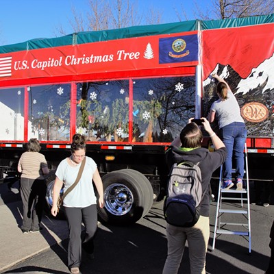 The White House Christmas tree was at the Kibbie Dome in Moscow for viewing. People could sign their name on the trailer. Lots of pictures taken and lots of names signed. Photo by Mary Hayward.