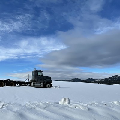 Looking toward Moscow Mountain, this farm truck patiently waits for Spring to come. Even with the warm sun this last week, the night time temperatures fall below freezing in the higher elevations and a foot of snow remains east of Moscow. Taken by Karen Purtee on February 7, 2022.