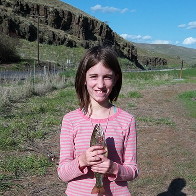 Hana Haning of Lewiston, 11, ocaught the biggest fish on our Whitman Elementary PTA Fishing Trip to Head Gate Pond near Asotin on May 1st. She landed a 12 & 1/2 inch rainbow trout. Her parents are Jesse Haning & Andrea Cooley. Photo taken by Jennifer Wallace.