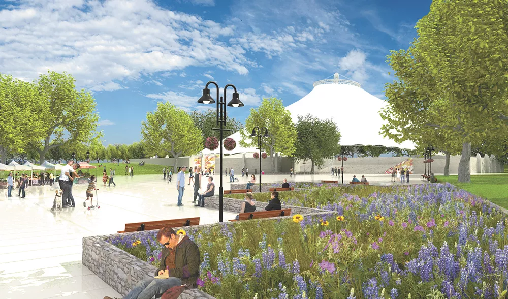 A rendering shows one potential look for a new "central plaza" around the U.S. Pavilion in Riverfront Park.
