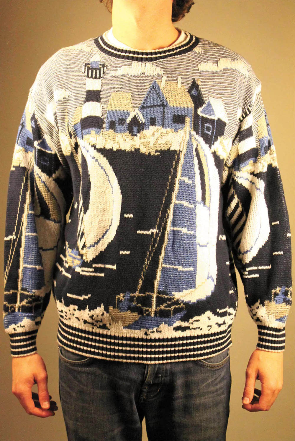 An actual sweater available on the site: "If you like sailing and sweaters then this piece is for you."
