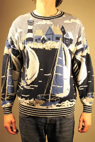 An actual sweater available on the site: "If you like sailing and sweaters then this piece is for you."