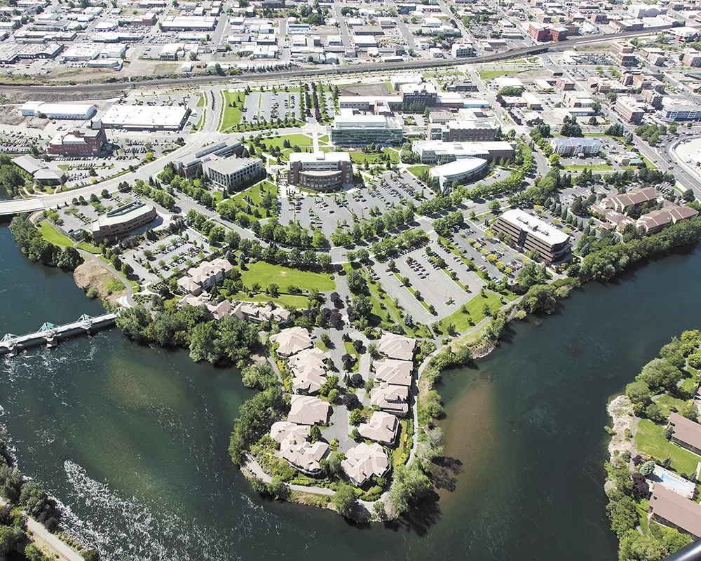 An aerial view of the WSU-Spokane Riverpoint Campus. Thanks to years of public investment in new health sciences facilities, WSU says it will not need any new buildings to launch a medical school. - ISAACSON AERIAL/WSU-SPOKANE
