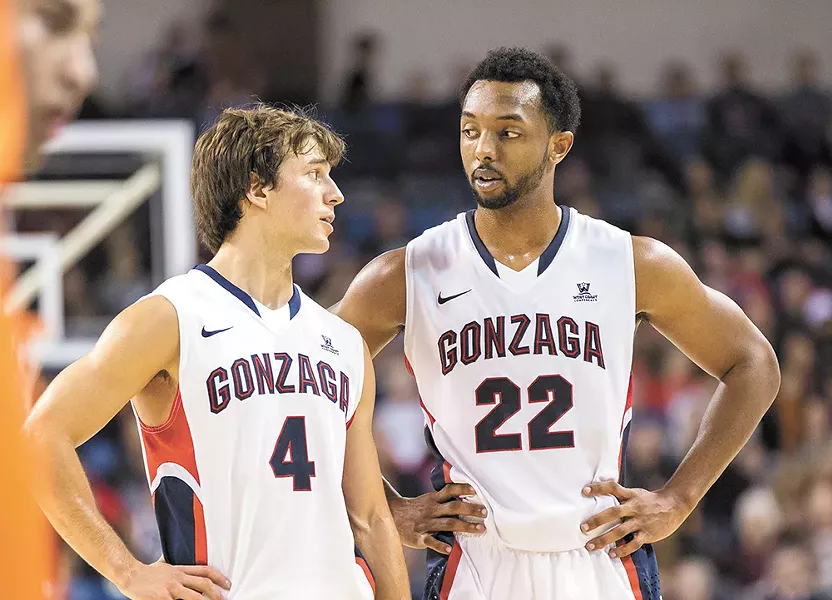 Byron Wesley (here with fellow senior Kevin Pangos) has proven a valuable addition to this year's wildly talented Zag team. - RYAN SULLIVAN
