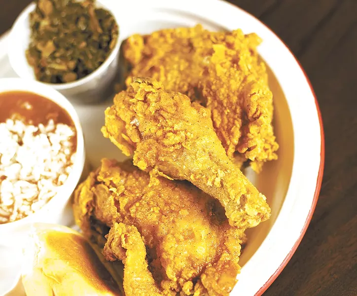 Chkn-N-Mo's fried chicken with red beans and collard greens. - YOUNG KWAK