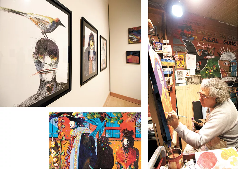 Clockwise from left: Gendron's exhibit at the Jundt; the artist in his studio; and his "Romance Durango." - YOUNG KWAK