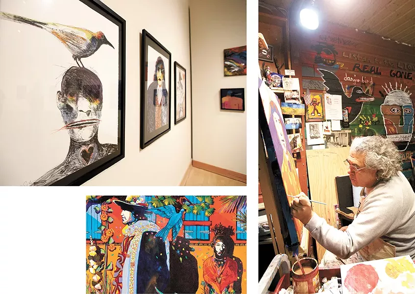 Clockwise from left: Gendron's exhibit at the Jundt; the artist in his studio; and his "Romance Durango." - YOUNG KWAK