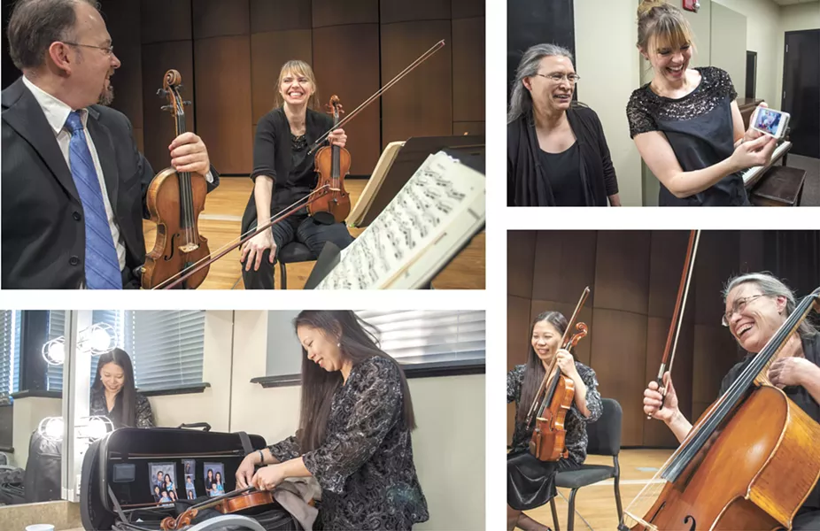 Clockwise from top left: Mateusz Wolski and Amanda Howard-Phillips before a Jan. 19 performance; cellist Helen Byrne and Howard-Phillips backstage; violist Jeannette Wee-Yang and Byrne during rehearsal; Wee-Yang readies her viola. - SARAH WURTZ