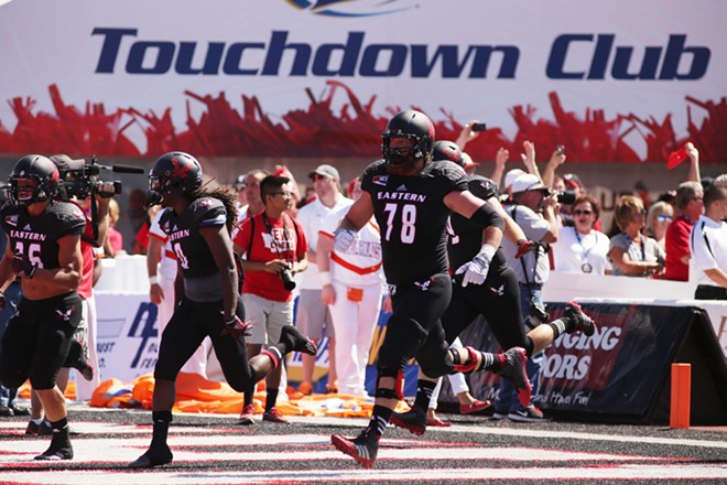 Eastern Washington players run out during introductions before the game. - YOUNG KWAK