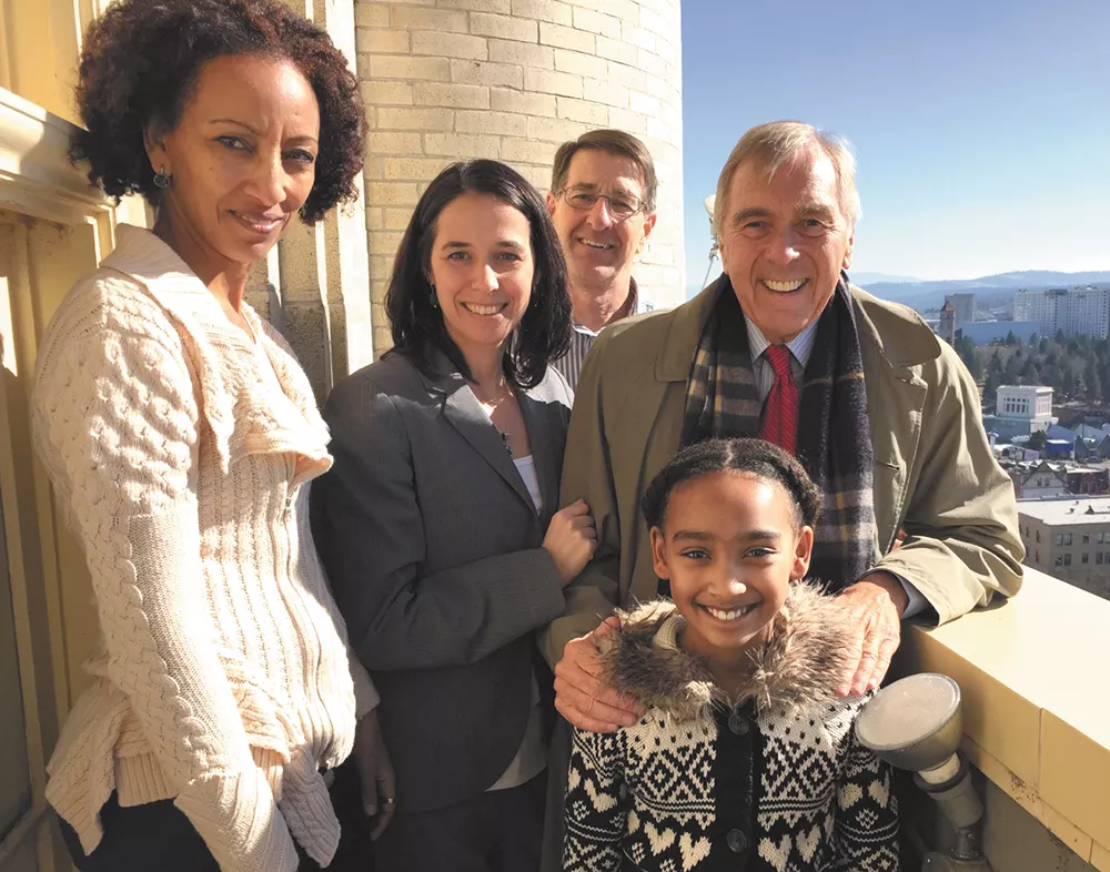 High atop the Spokane County Courthouse, with (left to right) Elizabeth Nega, Shelly O'Quinn, Ron Oscarson, George Nethercutt and fifth-grader Hannah Agwunobi.