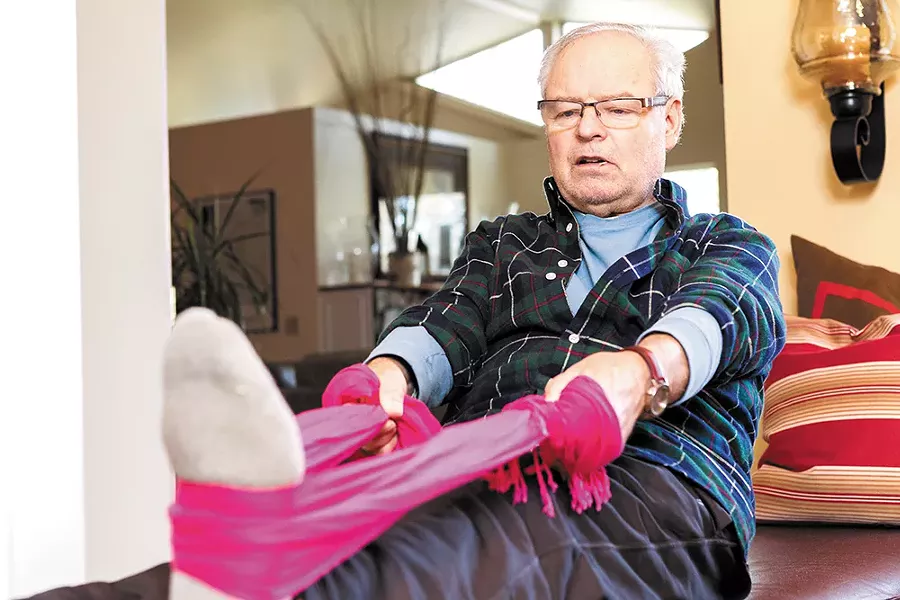 Jack Bunton works on his recovery at home after knee replacement surgery in December. - STEPHEN SCHLANGE