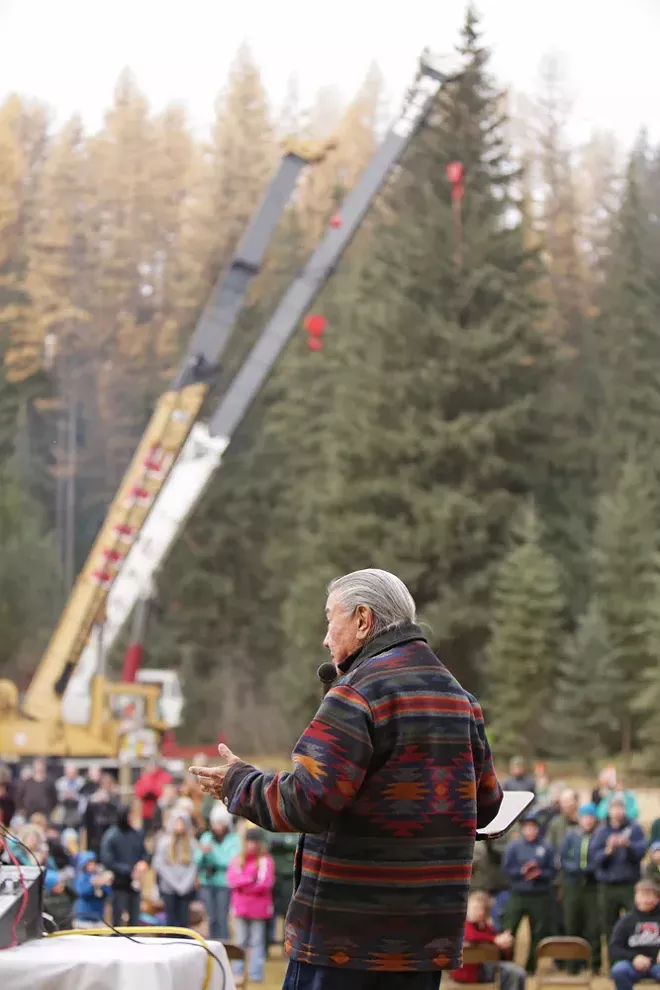 Kalispel Tribe Cultural Program Director Francis Cullooyah speaks before the tree destined to be the U.S. Capitol Christmas Tree. - YOUNG KWAK