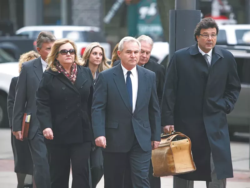 Karl Thompson and his lawyers head to his sentencing hearing last Thursday. - YOUNG KWAK
