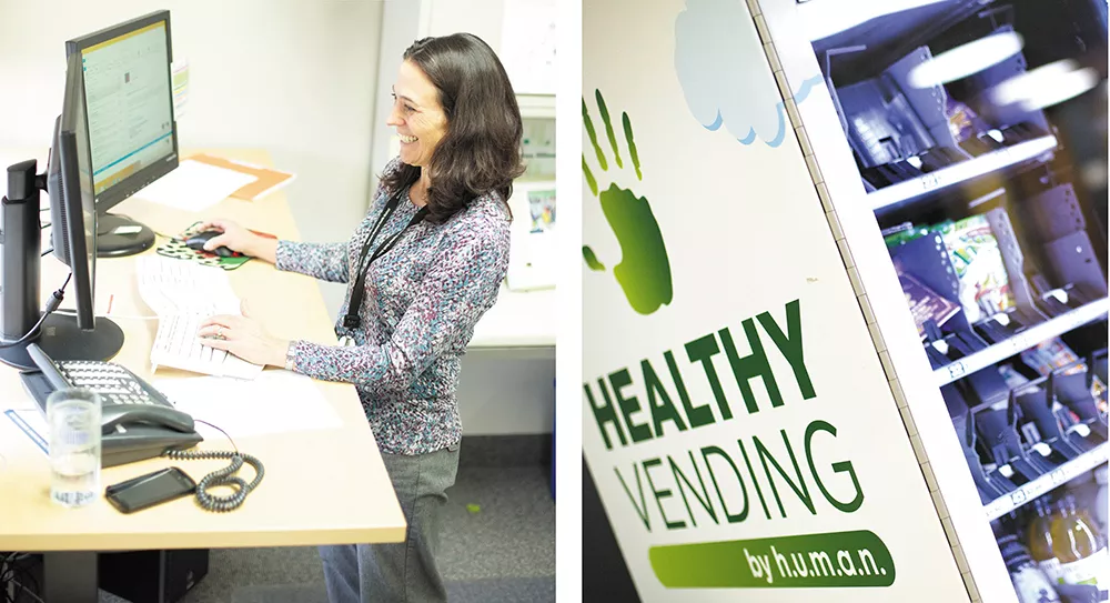(left) Convinced by research on the deleterious effects of sitting, SRHD Healthy Community Specialist Nancy Tauzin now uses a standing desk. (right) Office vending machines can be a source of poor nutrition choices. Or they can contain healthier snacks, like this one at the SRHD.