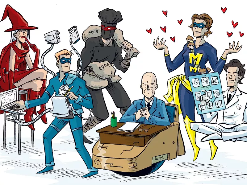 Left to right: The Red Pen, Super Scribe, the Cafeteria Contrabandit, Professor Xtra Credit, Maternal Marvel, Mac Daddy - JONATHAN HILL