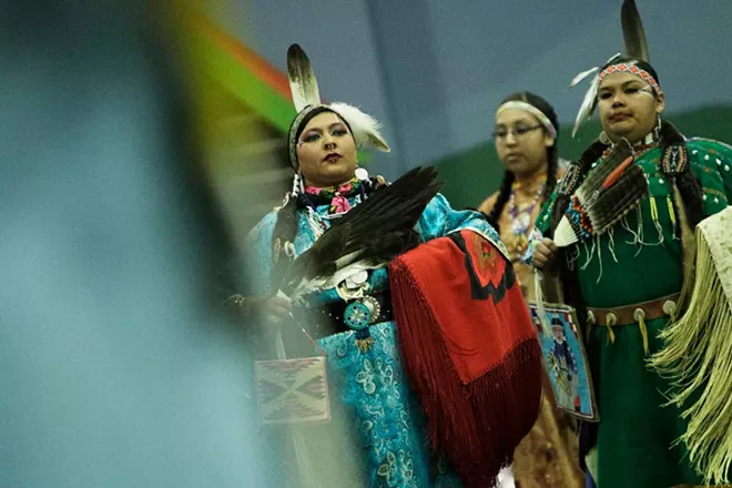Nizhoni Ellenwood, left, of the Nez Perce Tribe and Apache Tribe, and Olivia Carter of the Yakama Nation and Nez Perce Tribe, dance. - YOUNG KWAK