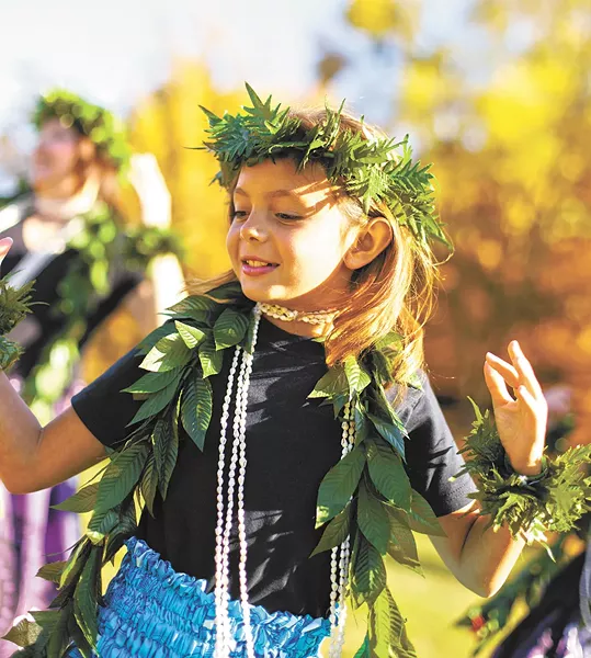 Northwest Hula Company's Maddy Pearson, 8, practices with her dance troupe before the Spokane Fall Folk Festival. - YOUNG KWAK