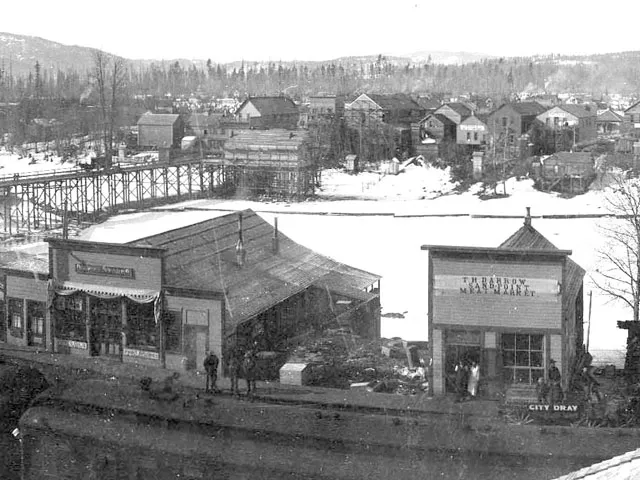 Photograph from 1903 showing the separation of the Restricted District near Sand Creek from the newly platted Sandpoint - BONNER COUNTY HISTORICAL SOCIETY