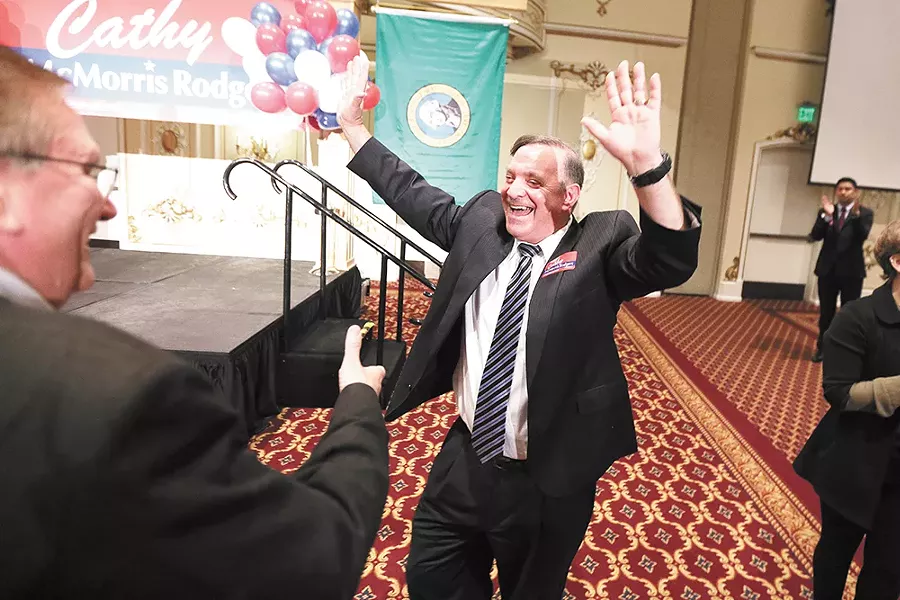 Republican Larry Haskell celebrates being elected Spokane County Prosecutor, beating civil rights attorney Breean Beggs, an architect of Smart Justice reforms. - YOUNG KWAK