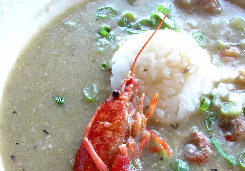 The seafood gumbo at the Fork in Coeur d'Alene is garnished with a little crawfish. - CARRIE SCOZZARO